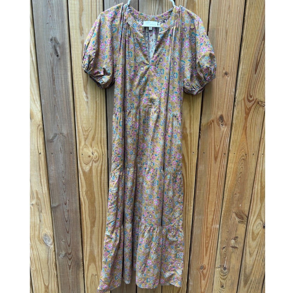PINCH Floral Paisley Cotton Tiered Midi Dress Puff Sleeve Cottagecore Boho  M - Picture 2 of 7